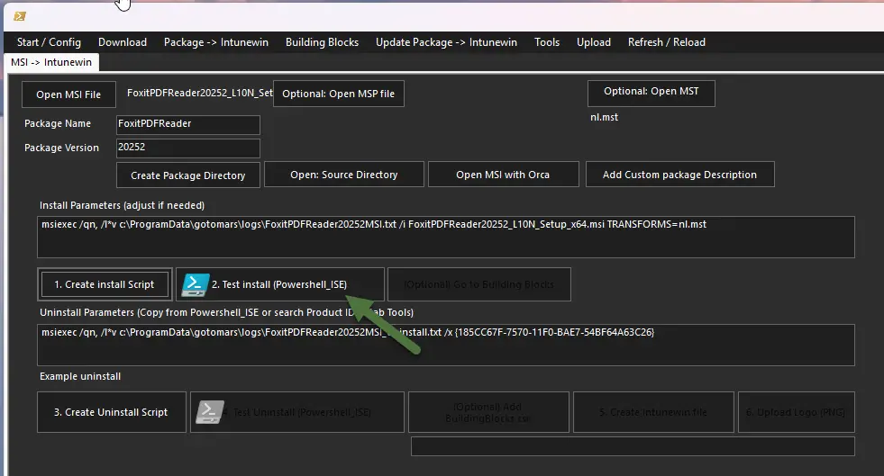 Click Test install (Powershell_ISE)
