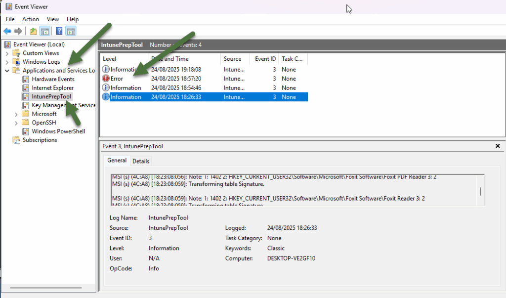 IntunePrepTool in Windows EventViewer